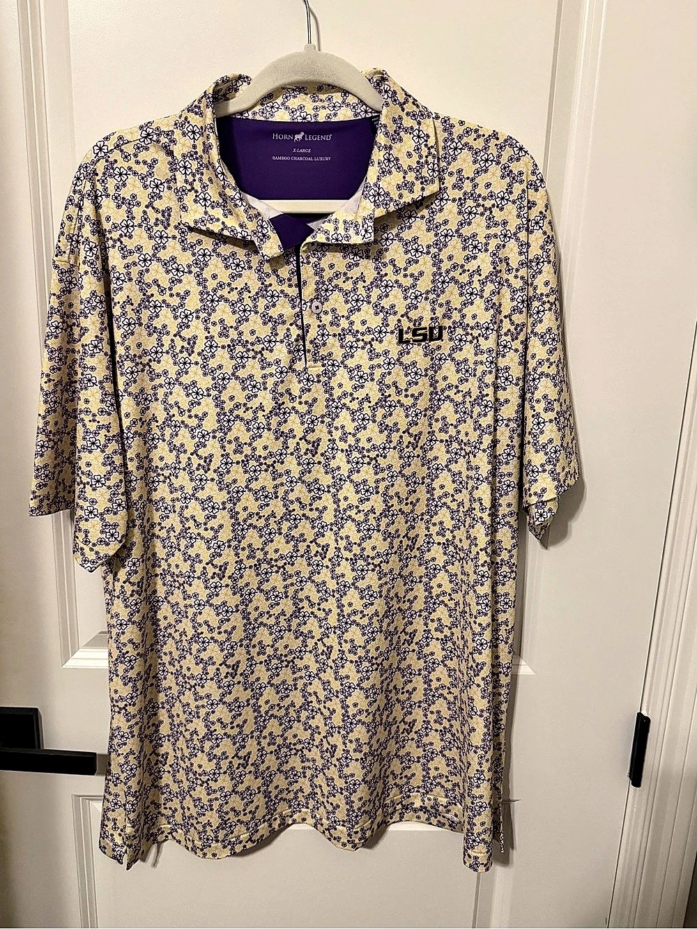 Horn Legend Floral LSU Polo Shirt in Yellow & Purple XL Like New